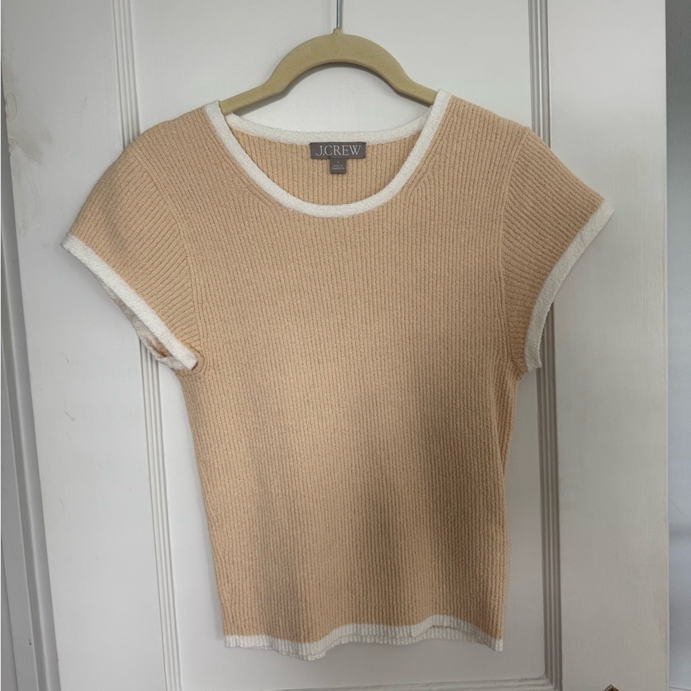 J. Crew Beige Ribbed Knit Top with White Trim